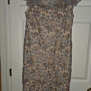 Xscape Lace Overlay Dress in Brown and Gray